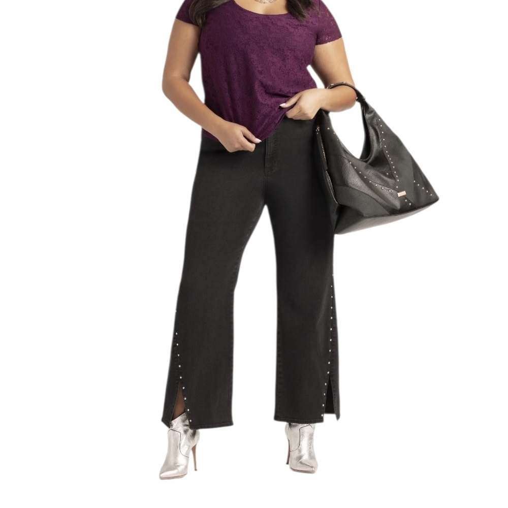 Jessica Simpson Plus Size 24W Rosa Studded Mid-Rise Relaxed Wide-Leg Black Jeans